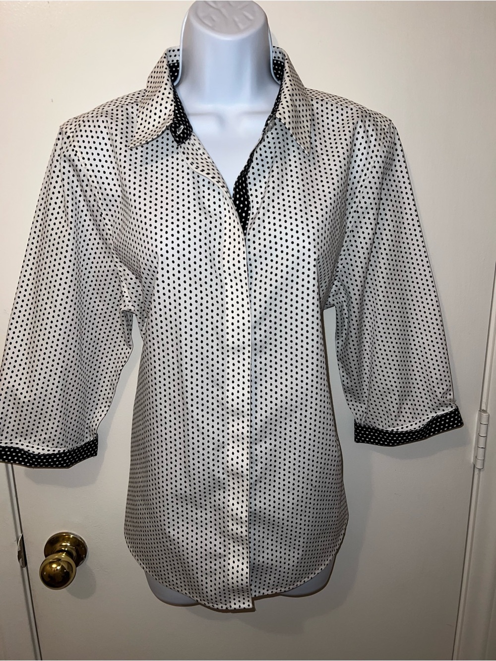 Chico's White Button-Down Shirt with Black Polka Dots